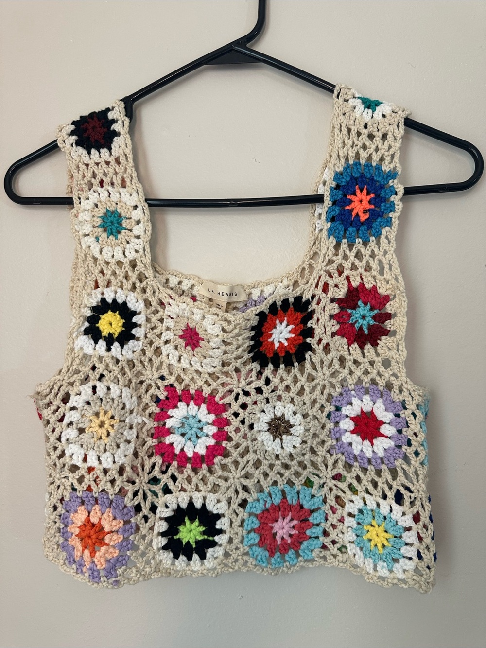 La Hearts | Cream Crochet Tank Top | Multicolor Motifs